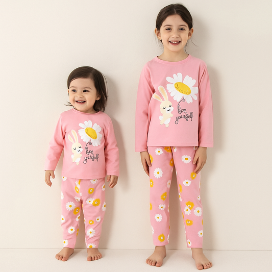 Pijama Cotton 100% For Girls Flower Design Size 3-8y