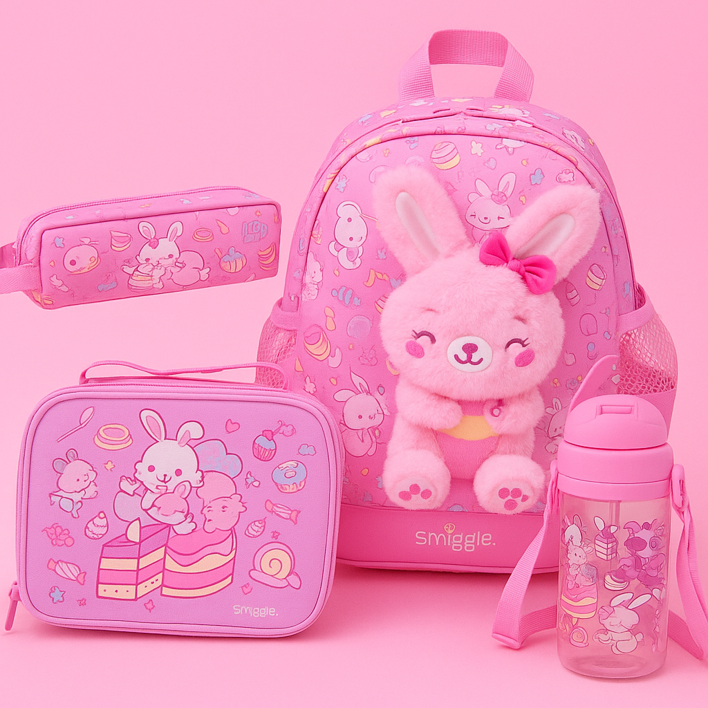 Smiggle  Rabbit Design 4pcs Set Backpack 26cm Lunch Bag Case Bottle