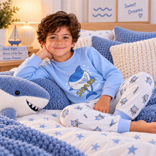 Boys’ 100% Cotton Shark Pajama Set | 1–8Y