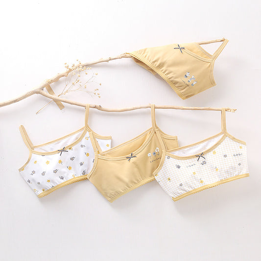 Girls Cotton Bras (4 Pcs) - Thin Straps Mustard Flower | Size 6-12y