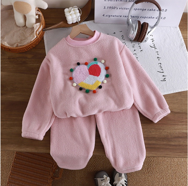Girls’ Cozy Fleece Pajama Set – Colorful Heart | 1–12Y