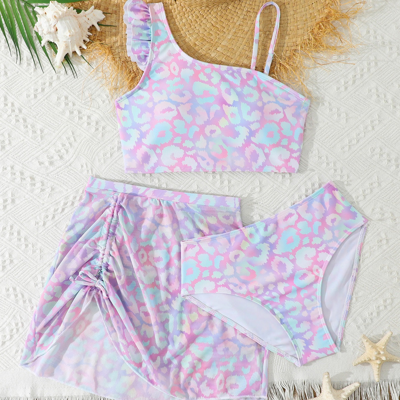 Girl 3-Piece Pastel Leopard Print Swimwear Set | Size 8-12y