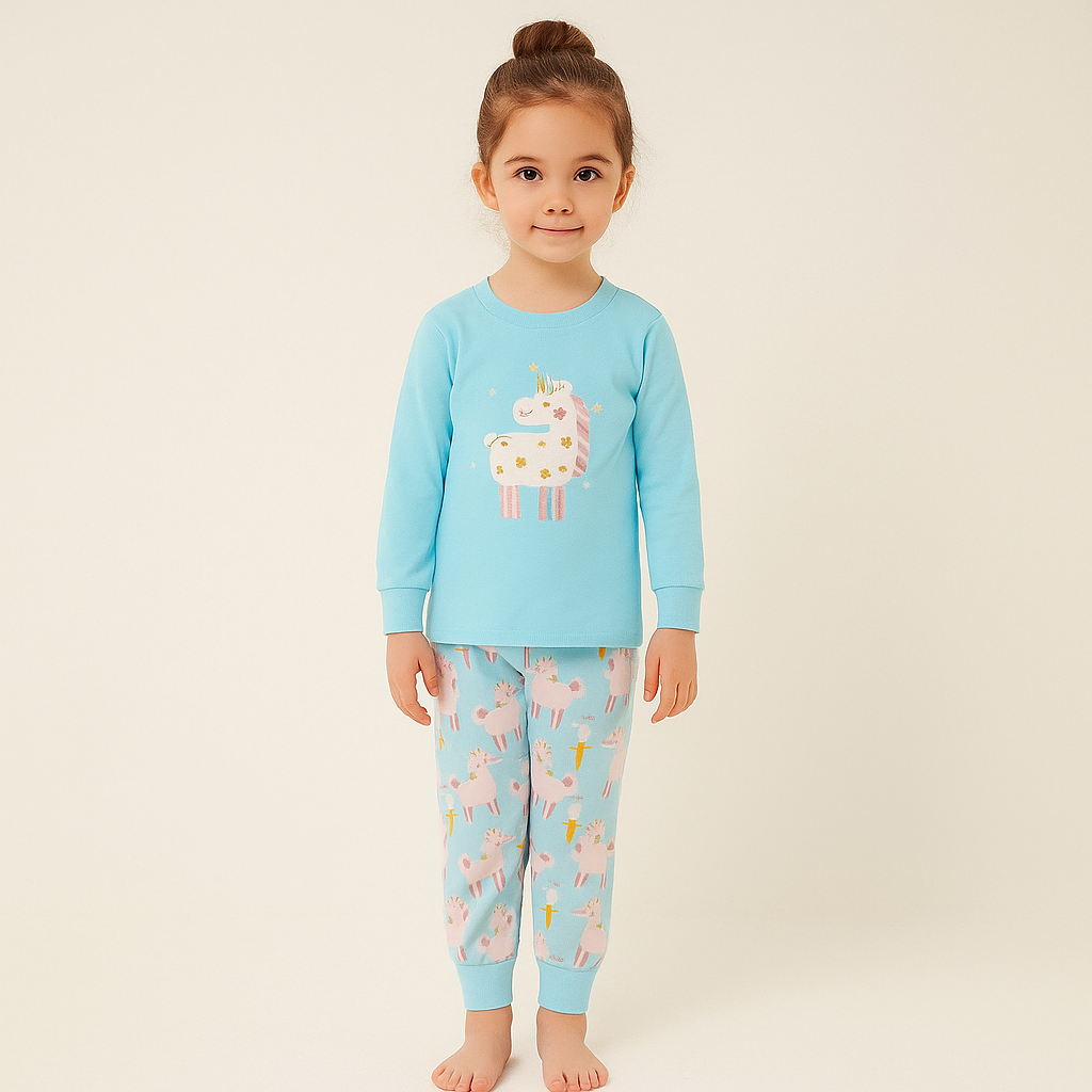 Pijama For Girl Cotton 100% Blue Unicorn Size 1-8y