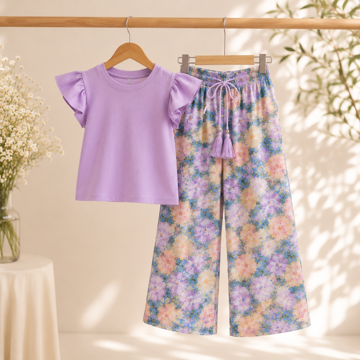 Wide Pants Purple Flowers Outfit | Size 4-14y