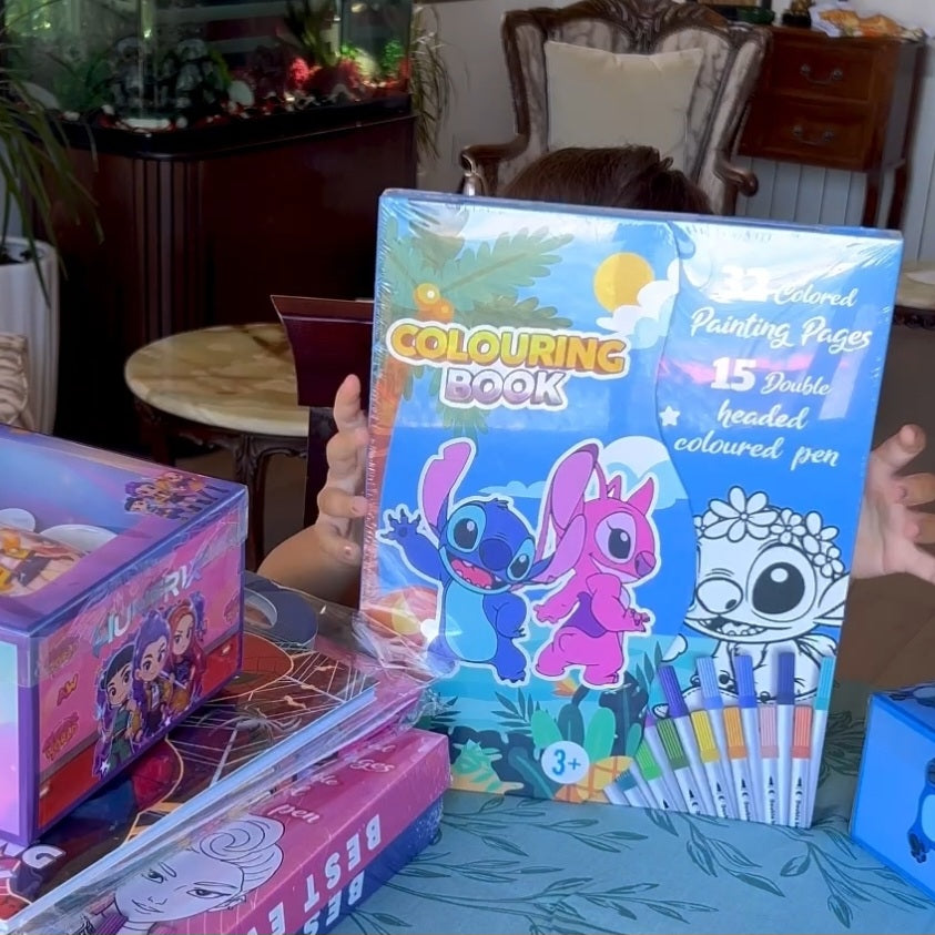 Large Stitch & Angel Coloring Book Set with 15 Double-Ended Markers – 32 Pages