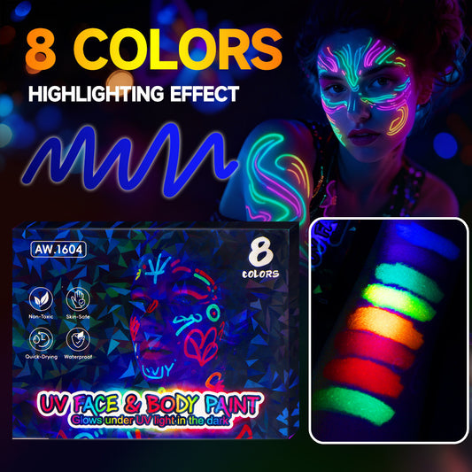 8-Color UV Face & Body Paint Marker Set – Neon Blacklight Glow