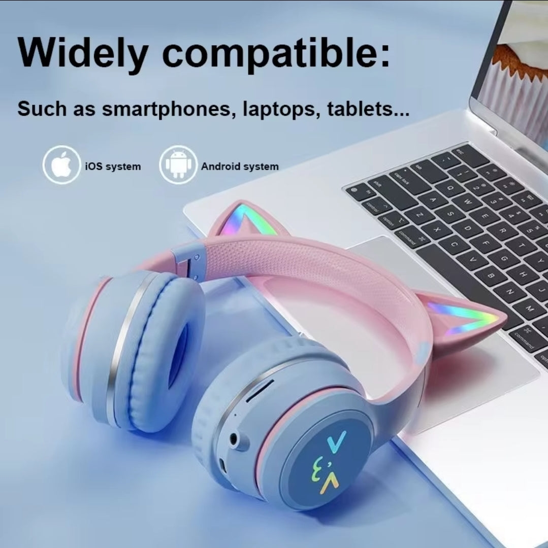 Cat Ear Wireless Headphones With LED Colorful Glow + Type-C Charge Cable