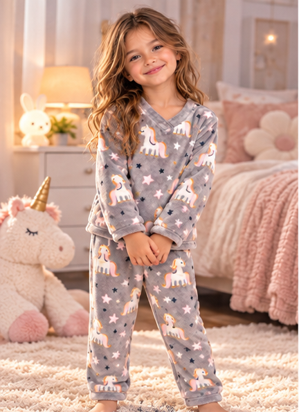 Kids’ Warm Unicorn Pajama Set – Grey | 1–16Y
