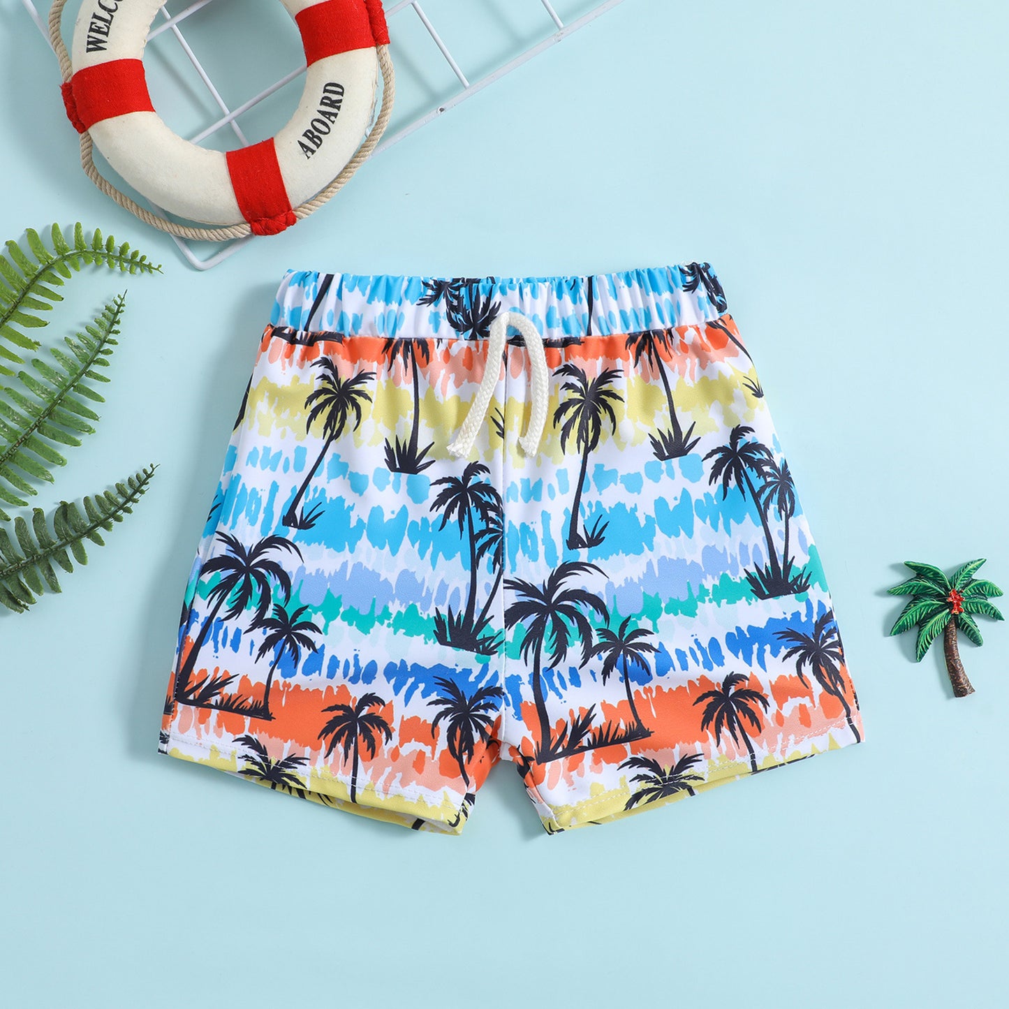 Kids Tropical Palm Tree Swim Shorts – Colorful Beach Print Size 6M-4Y