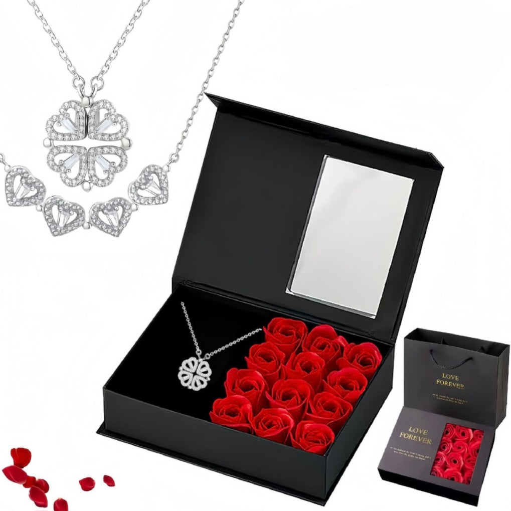 Valentine’s Day Gift – Stainless Necklace with Preserved Red Roses | Luxury Gift Box +Bag