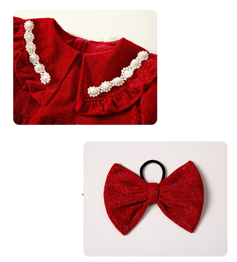 Girls' Burgundy Velvet Dress with Bow | 1–7Y