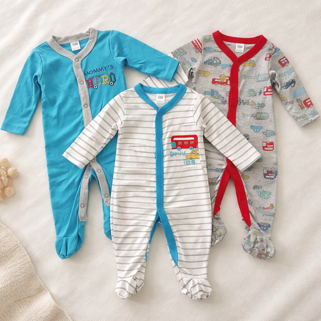 Set Of 3 Pcs Boys Babywear Vehicles Design Size 3-12m Cotton