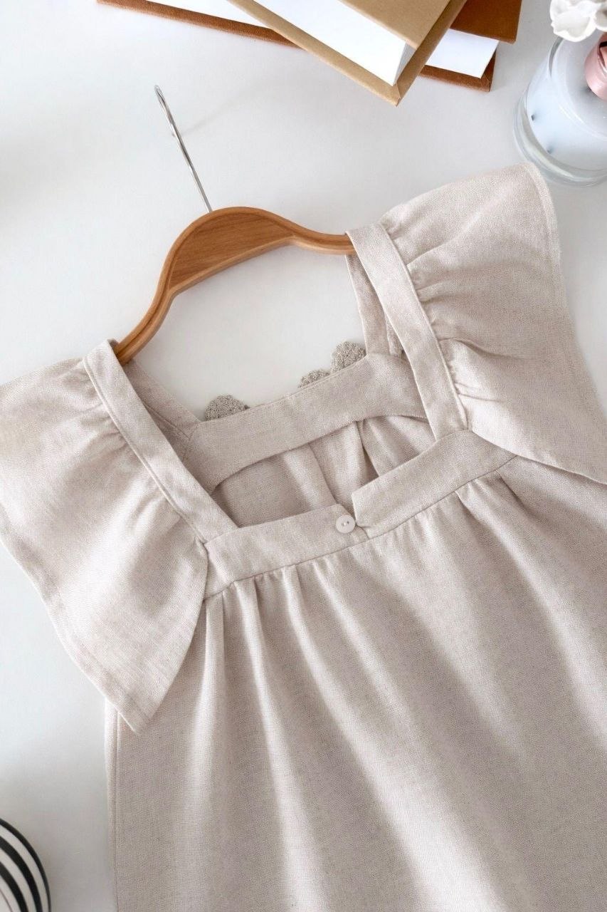 Girls Beige Linen Flower Dress | Size 2-8y