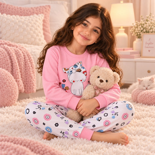 Girls’ 100% Cotton Kitty Pajama Set | 1–6Y