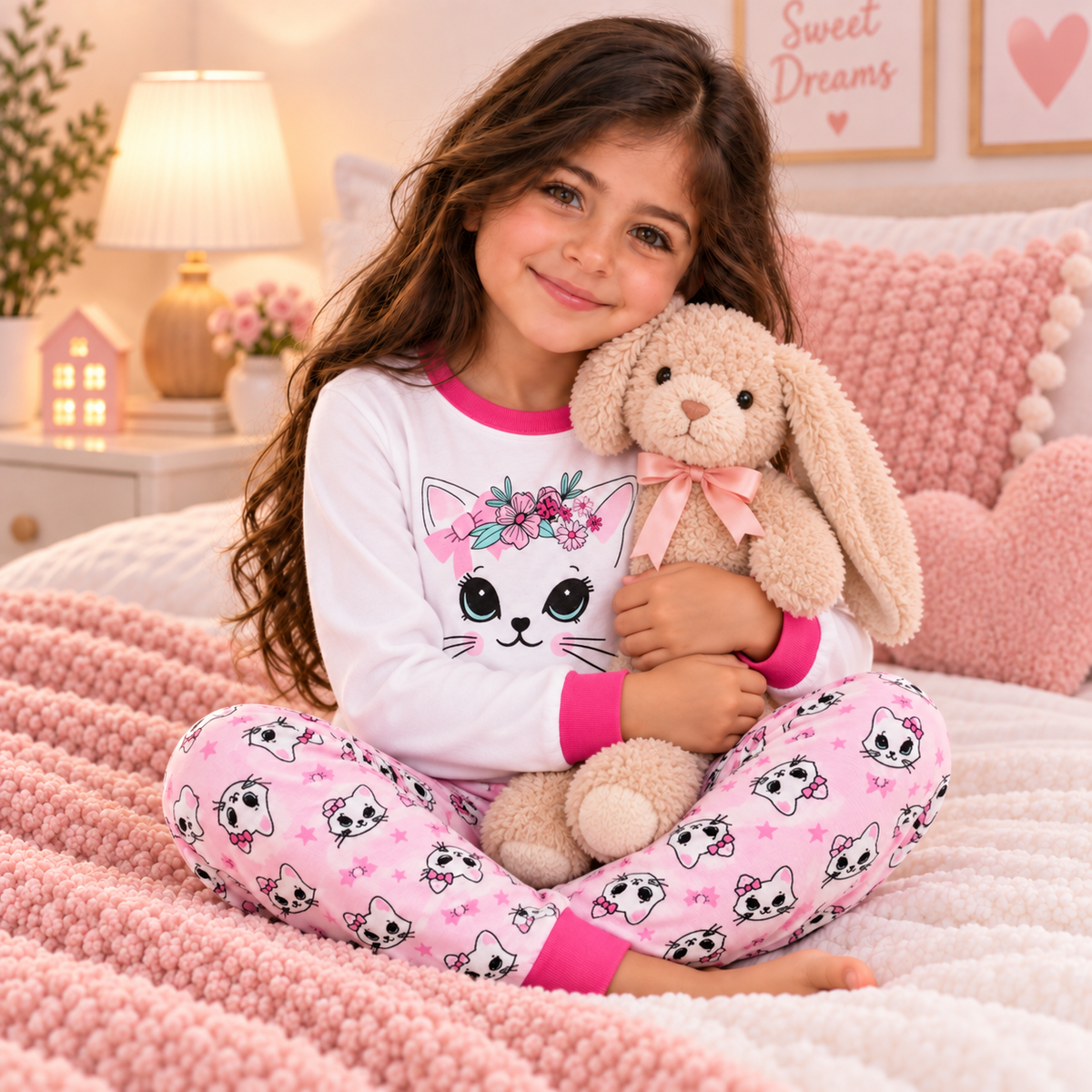 Girls’ 100% Cotton Flower Kitty Pajama Set | 0–8Y