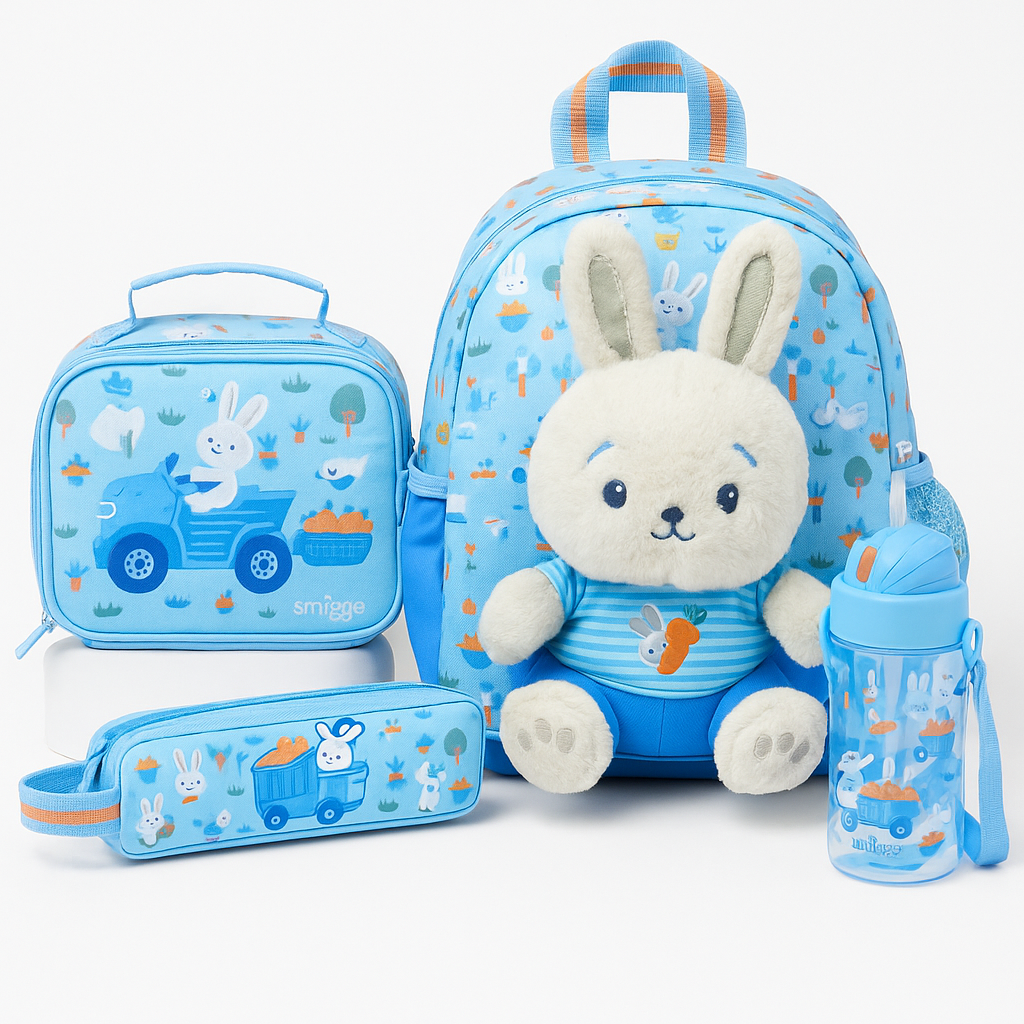 Smiggle  Rabbit Design 4pcs Backpack 26cm Lunch bag Case Bottle