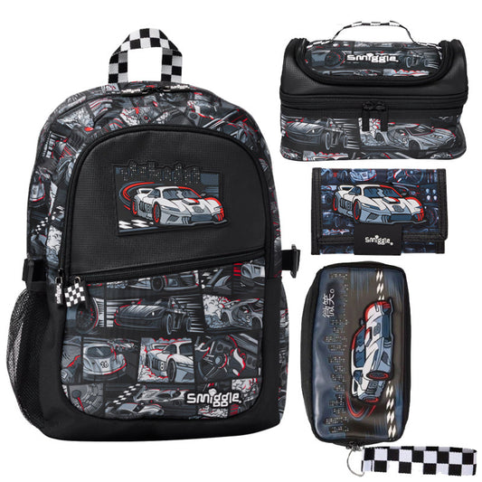 Smiggle Car Design Set Of 3pcs Bottle Lunch Box Backpack 42cm