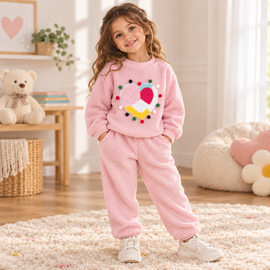 Girls’ Cozy Fleece Pajama Set – Colorful Heart | 1–12Y