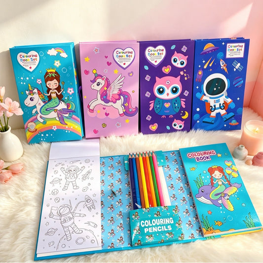 Kids Portable Colouring Book Set with 60 Pages & 8 Double-Sided Colour Pencils