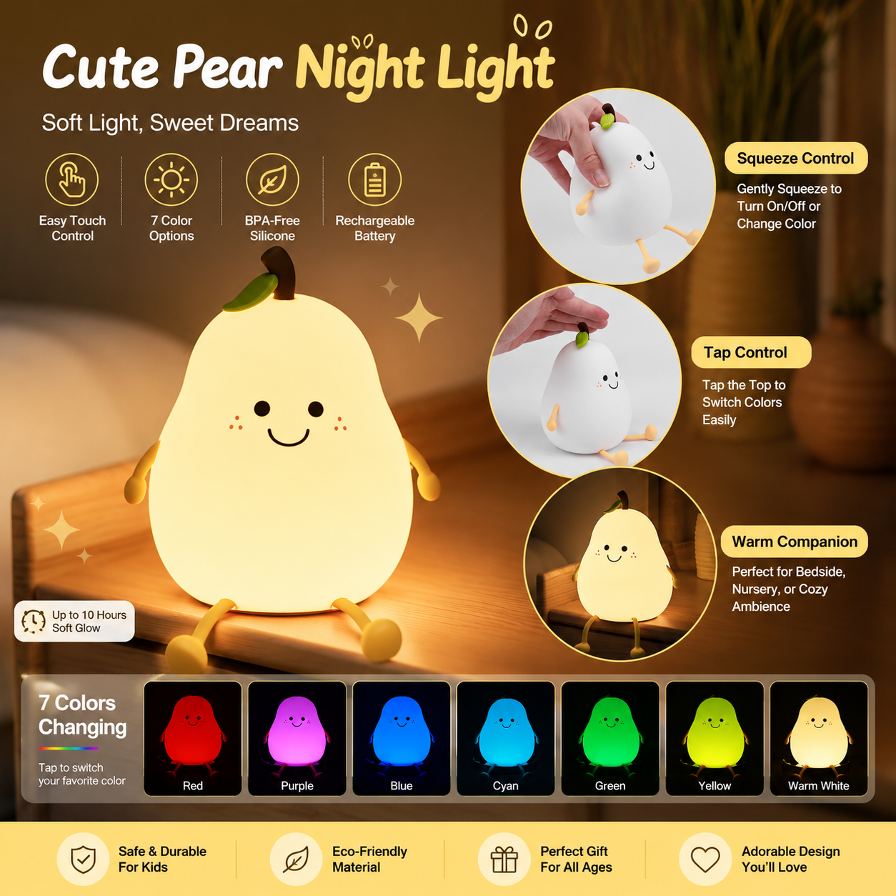 Cute Pear Night Light Silicone Rechargeable Colorful LED | 3+