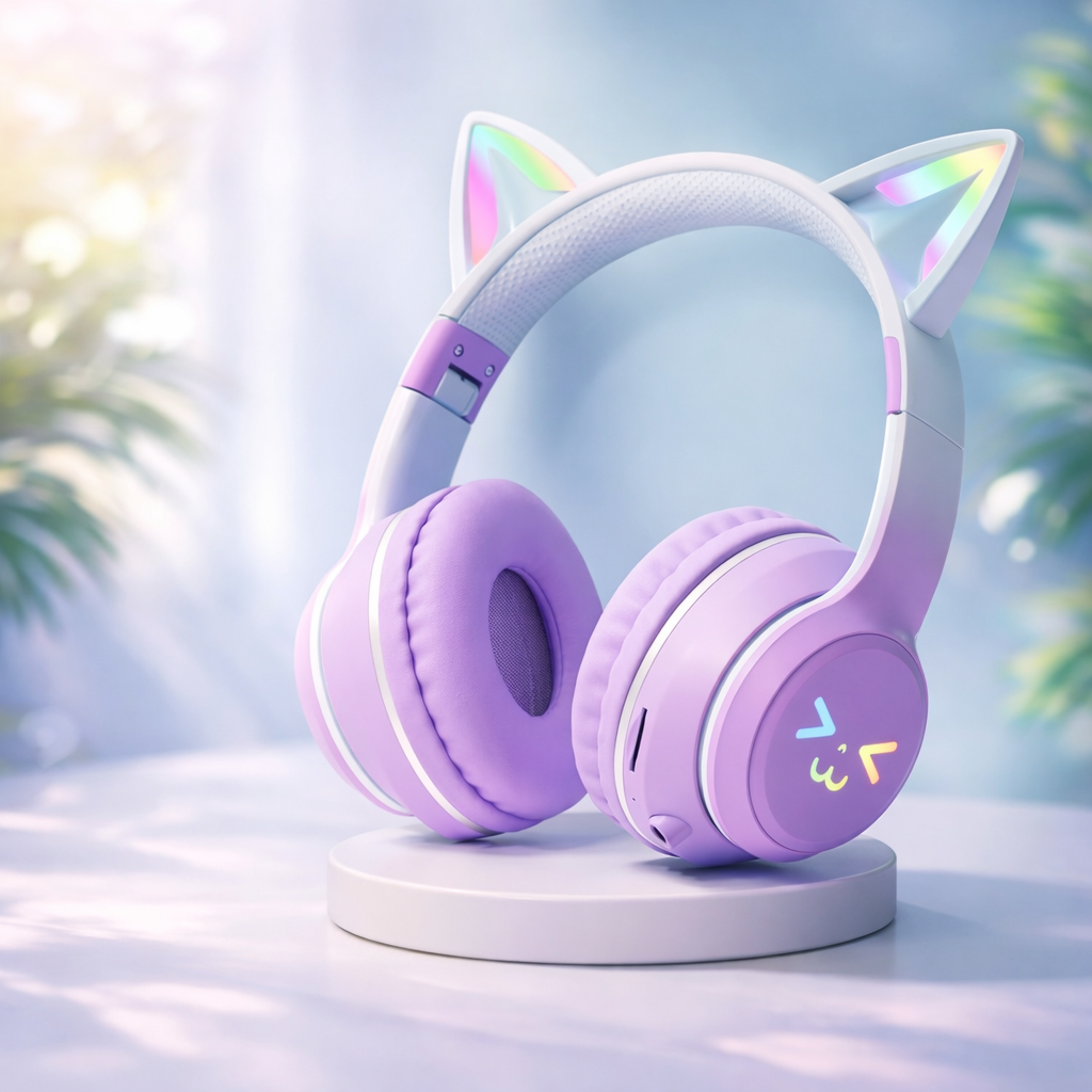 Cat Ear Wireless Headphones With LED Colorful Glow + Type-C Charge Cable