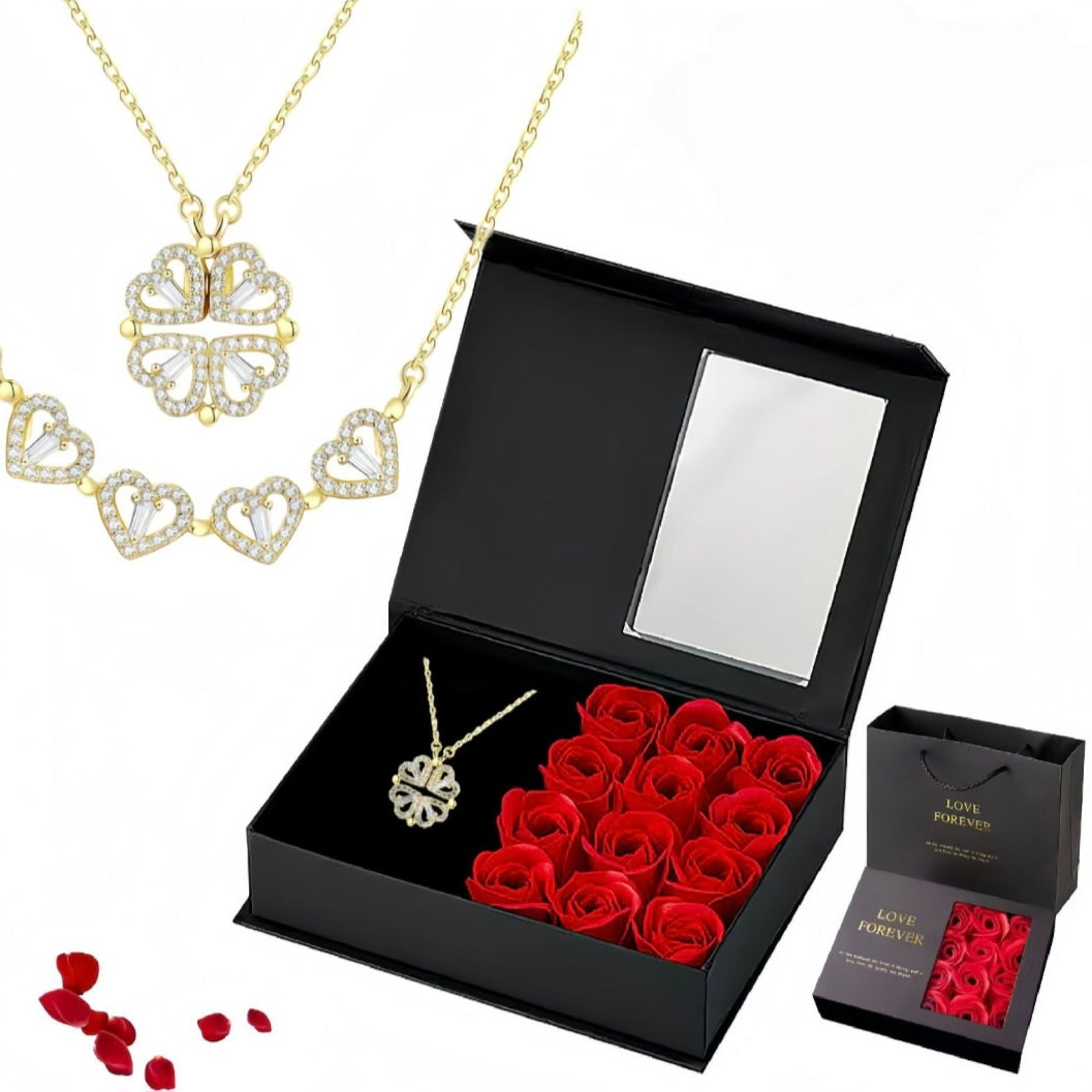 Valentine’s Day Gift – Stainless Necklace with Preserved Red Roses | Luxury Gift Box +Bag