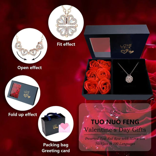 Valentine’s Day Gift – Stainless Necklace with Preserved Red Roses | Luxury Gift Box +Bag