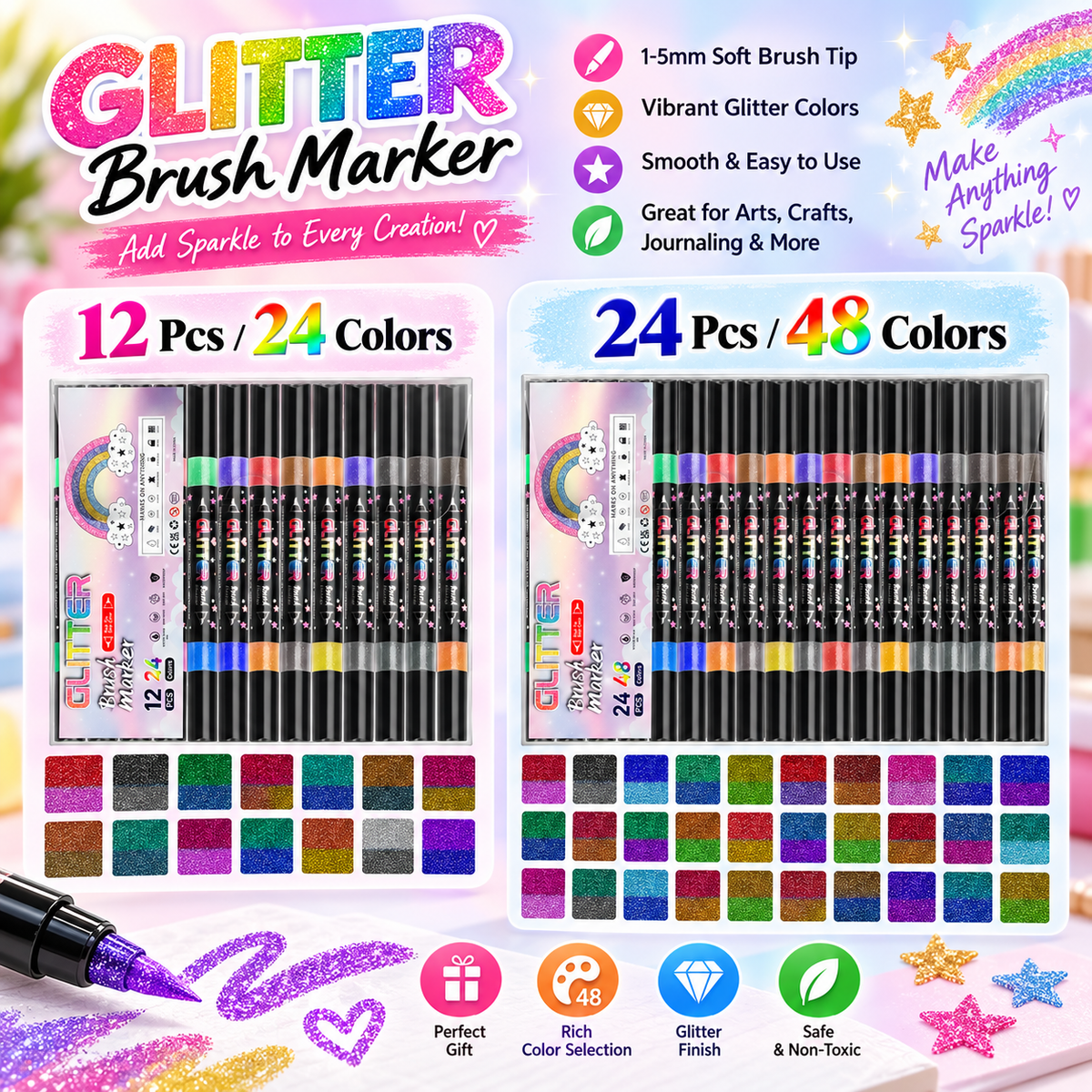 Glitter Brush Marker Set – 12pcs/24 Colors & 24pcs/48 Colors