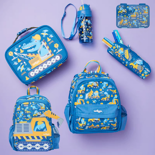 Smiggle Track Design 4pcs Set Backpack 38cm Case Lunch Bag Bottle