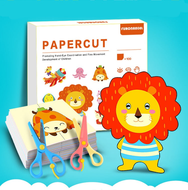 Kids Papercut Craft Kit – 100 Cutting Cards with Safe Scissors, Assorted Themes