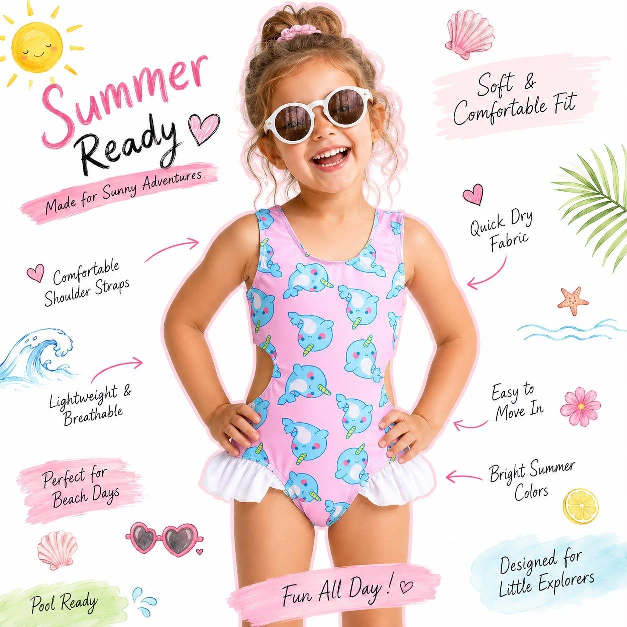 Narwhal Princess Cut-Out Swimsuit Size 1-6Y
