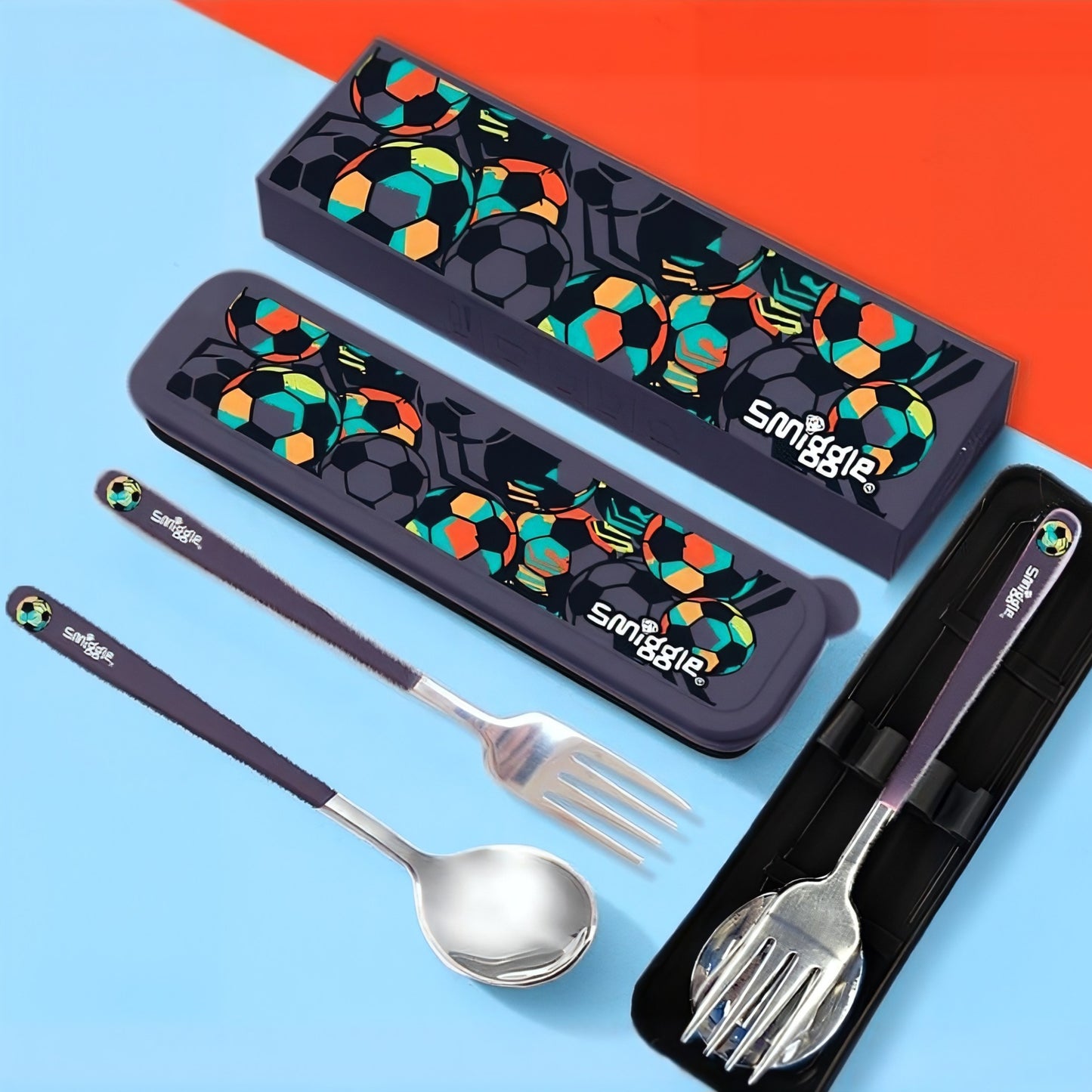 Smiggle Football Set Spoon+Fork With Storage Box