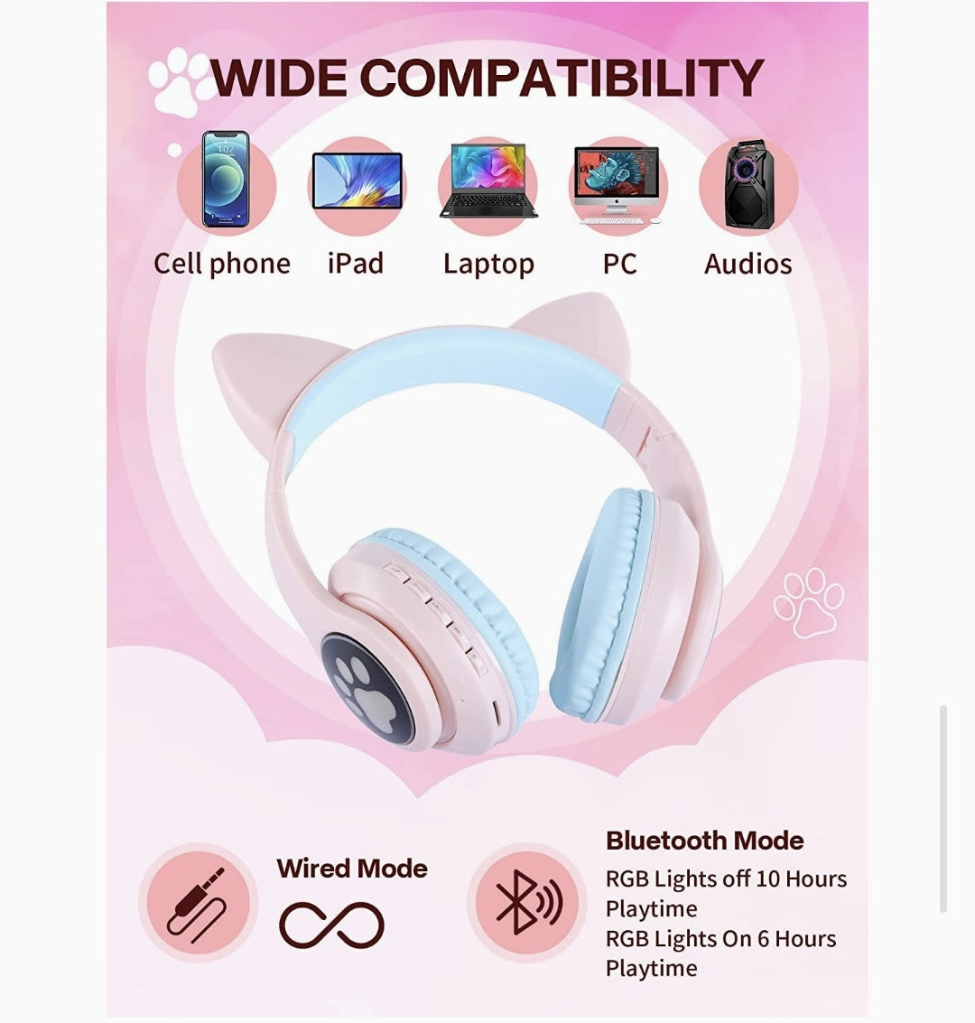 Cute Cat Ear Wireless Headphones- LED Lights, Noise Cancelling & Bluetooth 5.0