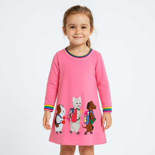 Cotton 100% Dress Long Sleeve With  Animals Design Size 4-6y