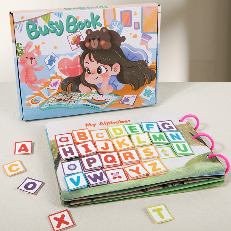 Busy book alphabet activity page with movable letter pieces