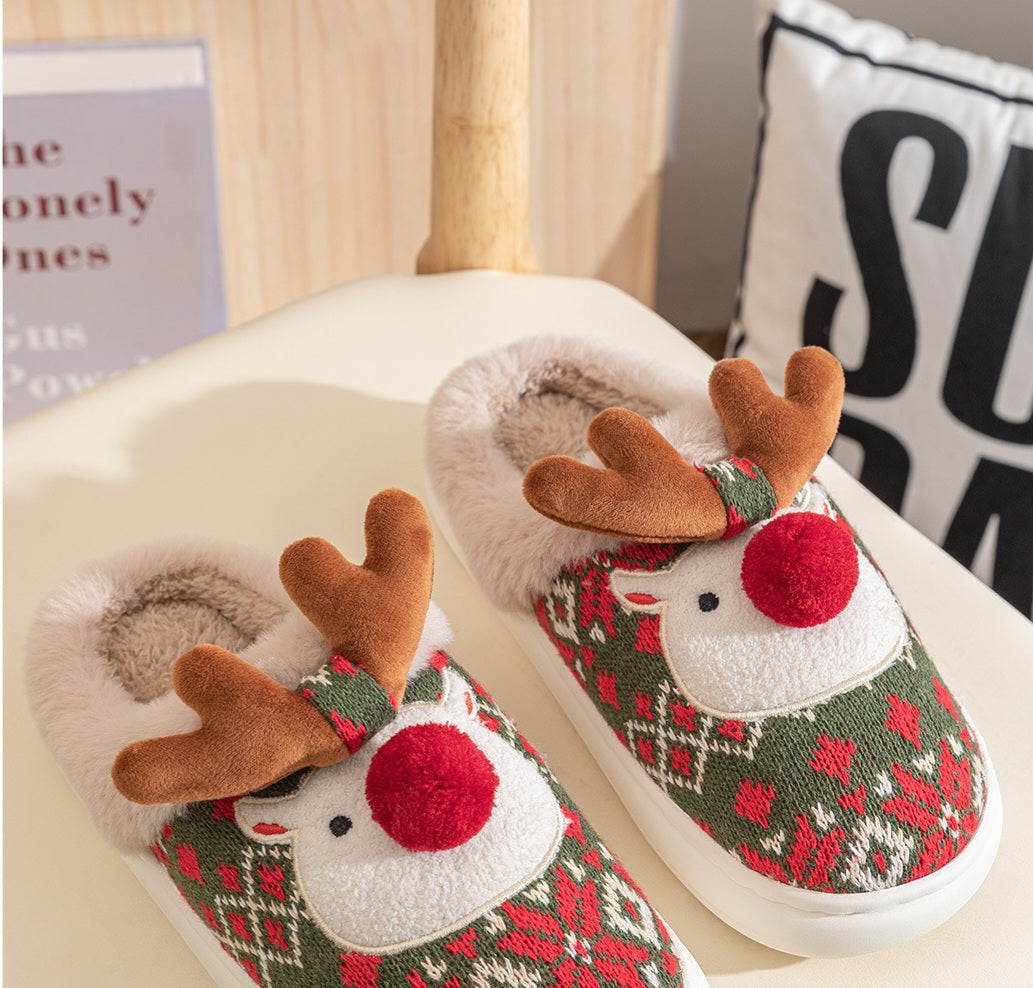Christmas Reindeer Plush Slippers – Red & Green | 36–43