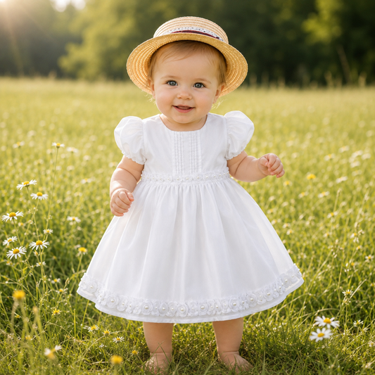 White Dress with Flowers Size 6-12M