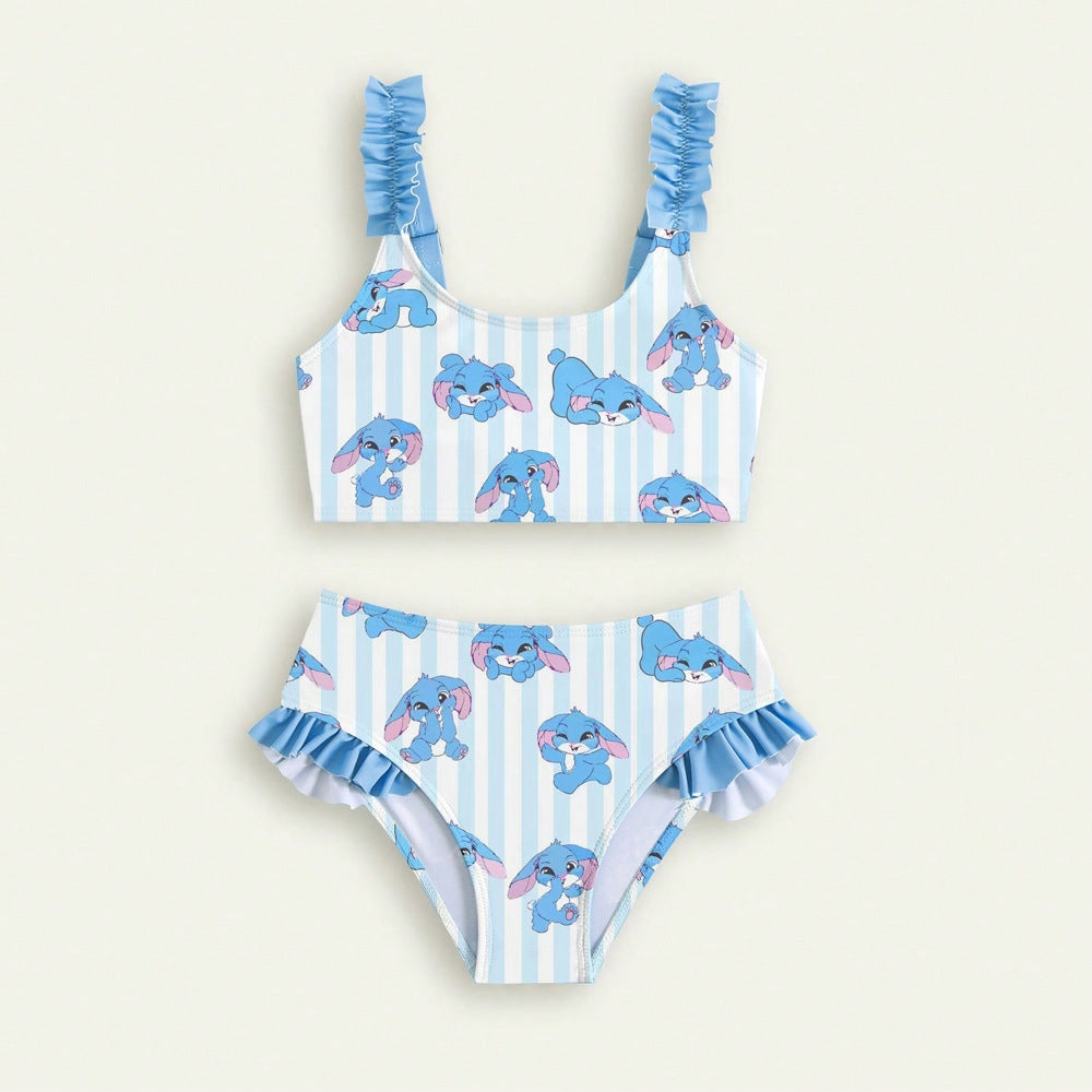 Blue & Pink Bunny Swimsuit Stripe 2pcs | Size 4-7Y