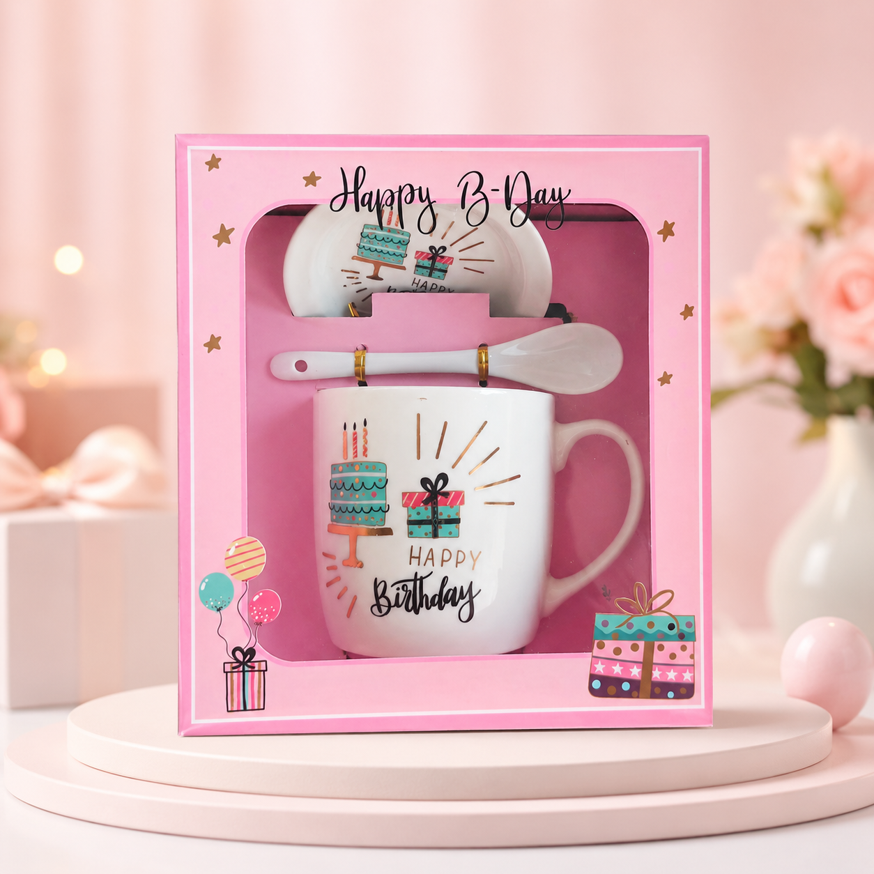 Happy Birthday Ceramic Mug Gift Set with Saucer & Spoon