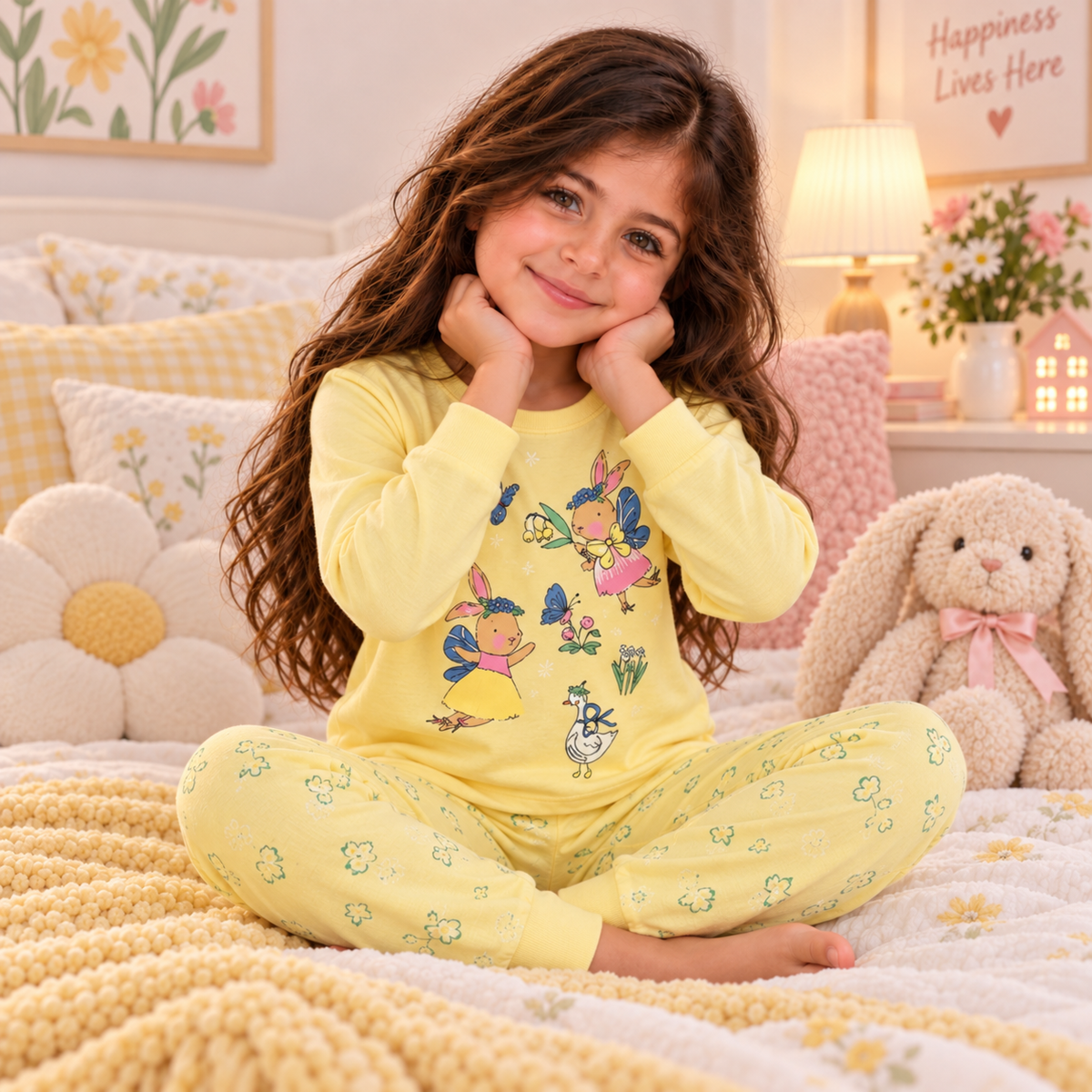 Girls’ 100% Cotton Bunny & Butterfly Pajama Set | 3–10Y