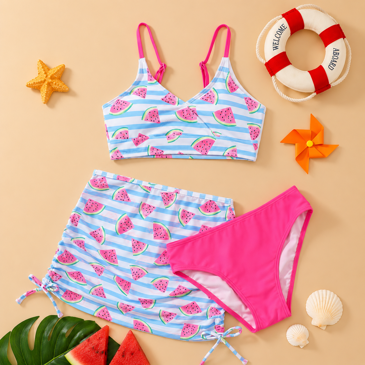 Girl 3-Piece Watermelon Print Swimwear Set | Size 8-12y