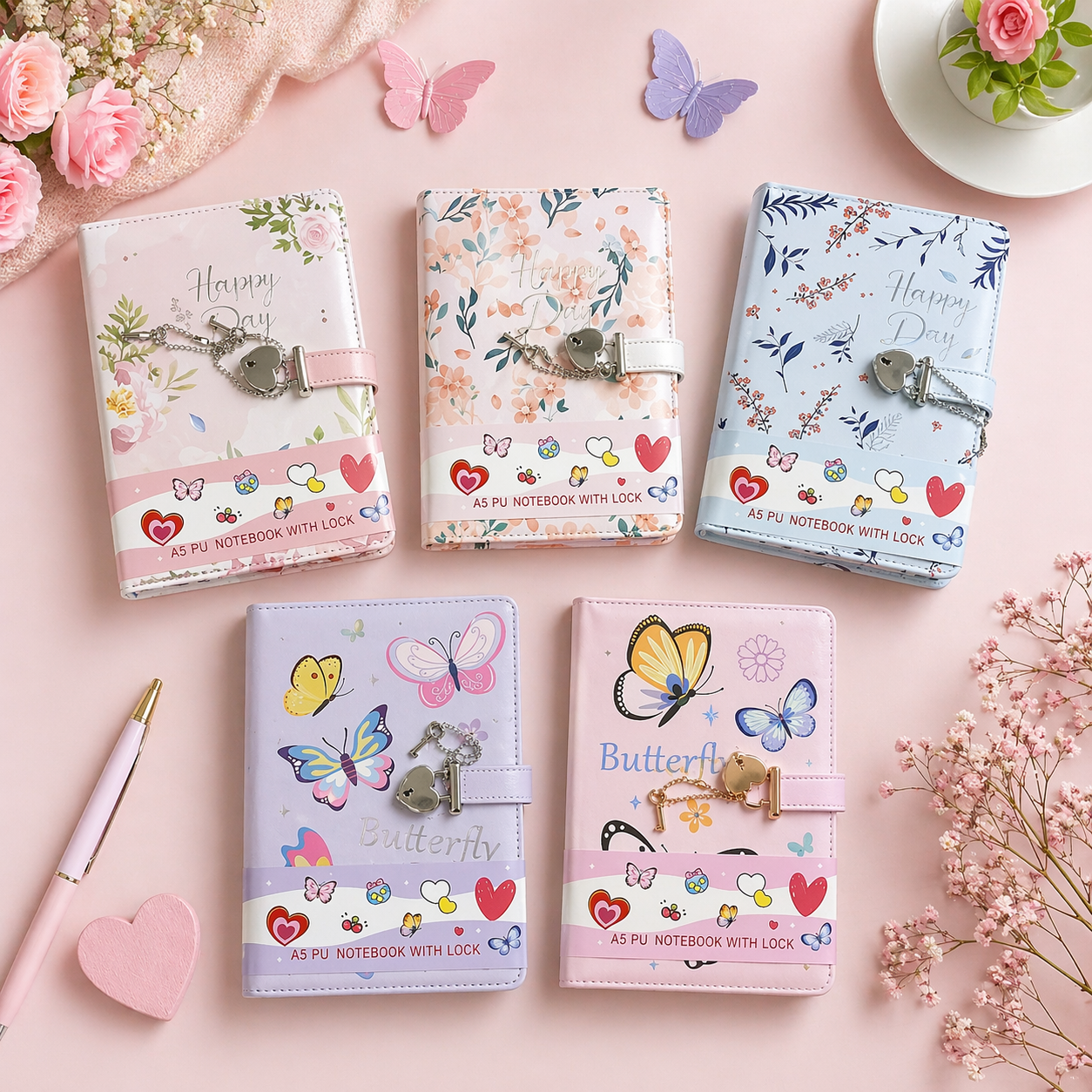 Lockable Floral / Butterfly Notebook A5