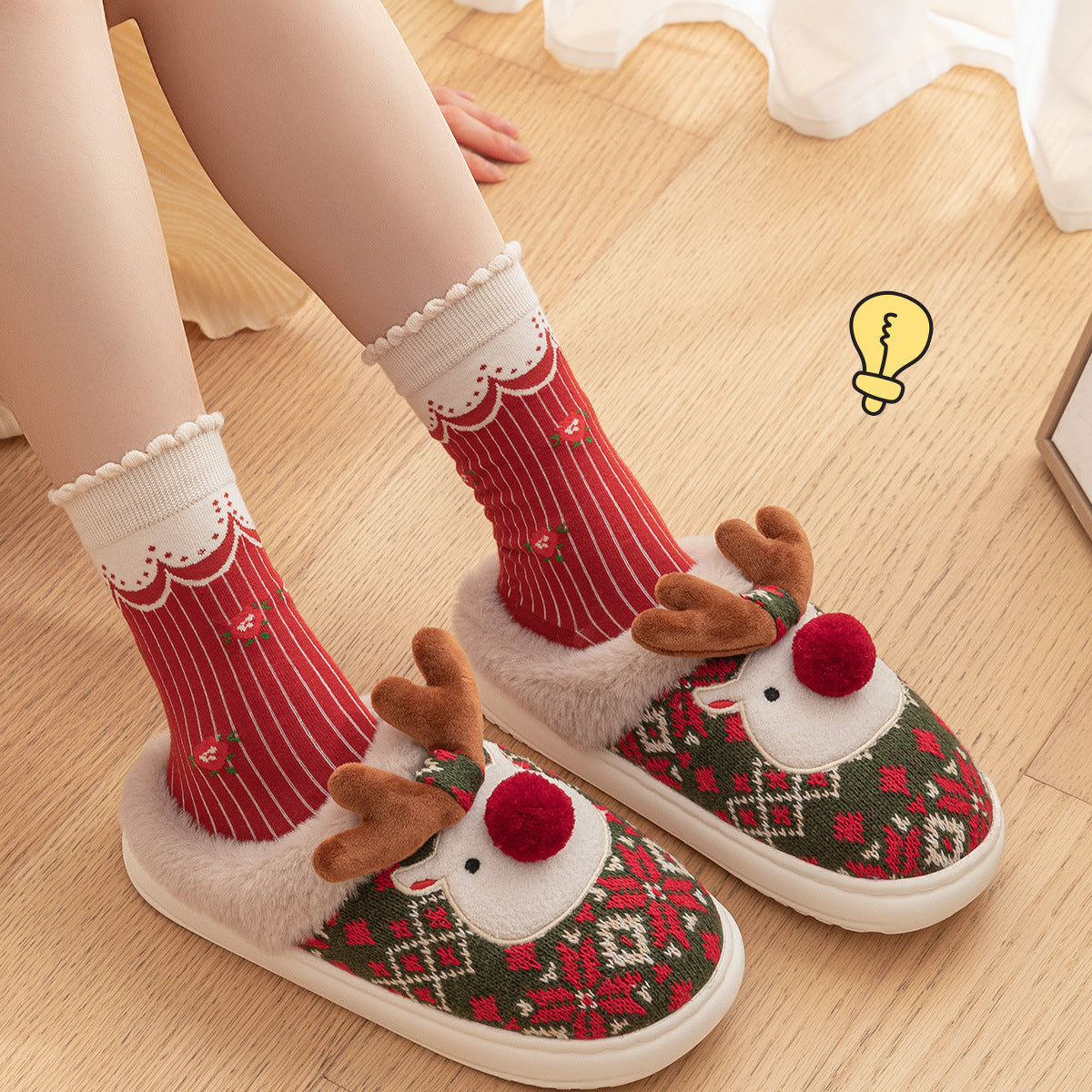 Christmas Reindeer Plush Slippers – Red & Green | 36–43