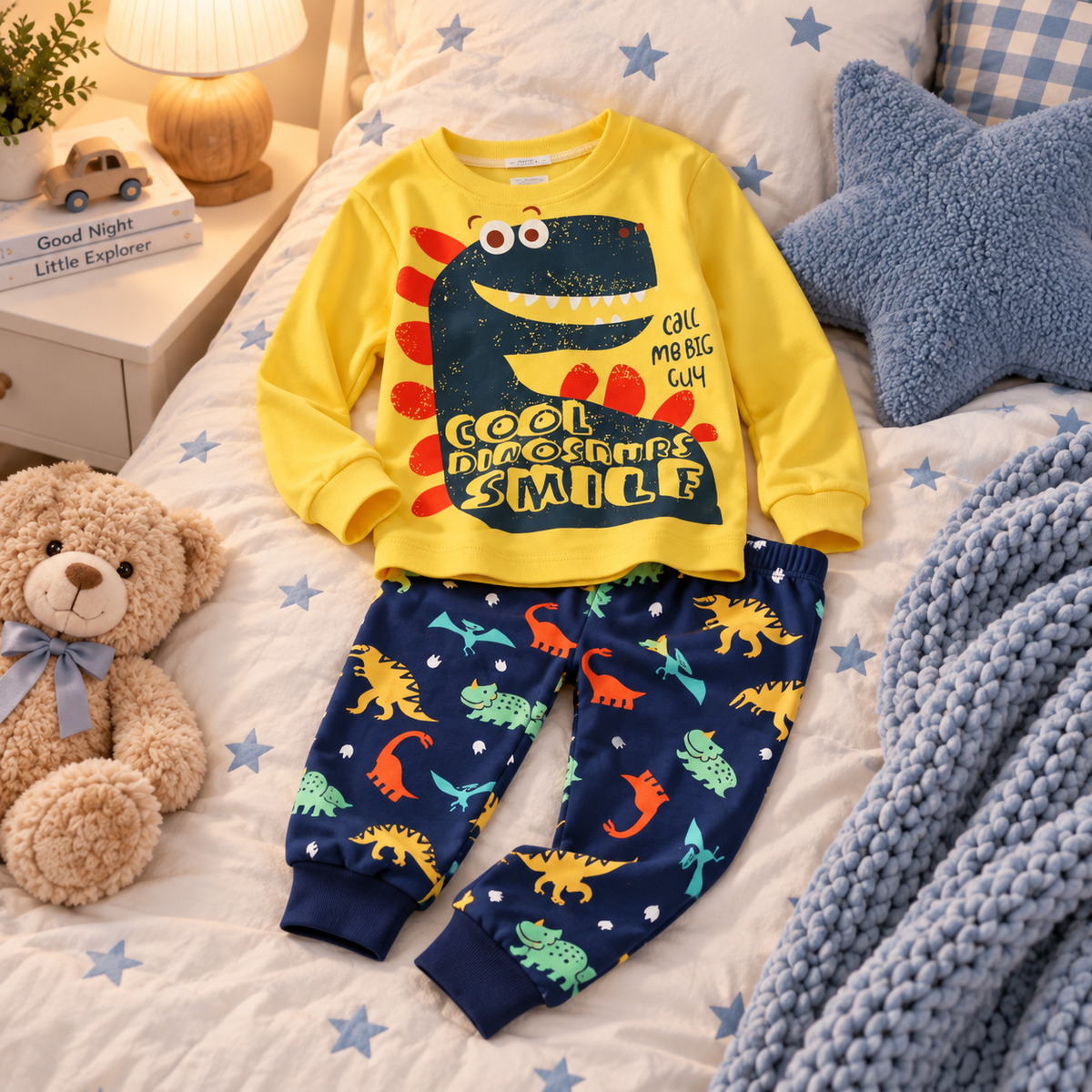 Boys’ 100% Cotton Cool Dinosaur Pajama Set | 1–6Y