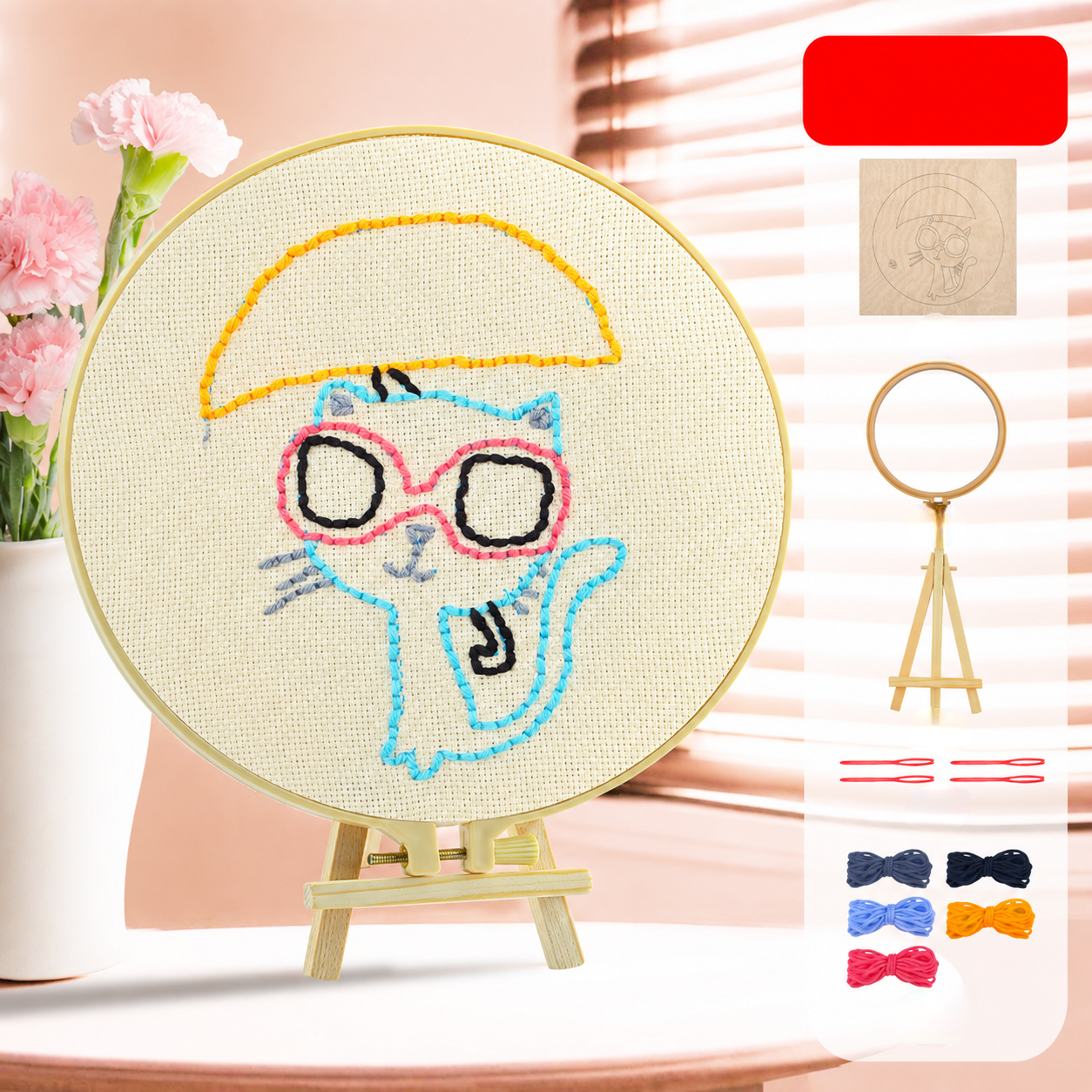 DIY Kids Embroidery Kit with Hoop, Stand & Colorful Yarn – Assorted Animal Designs