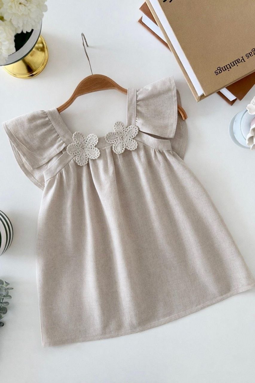 Girls Beige Linen Flower Dress | Size 2-8y