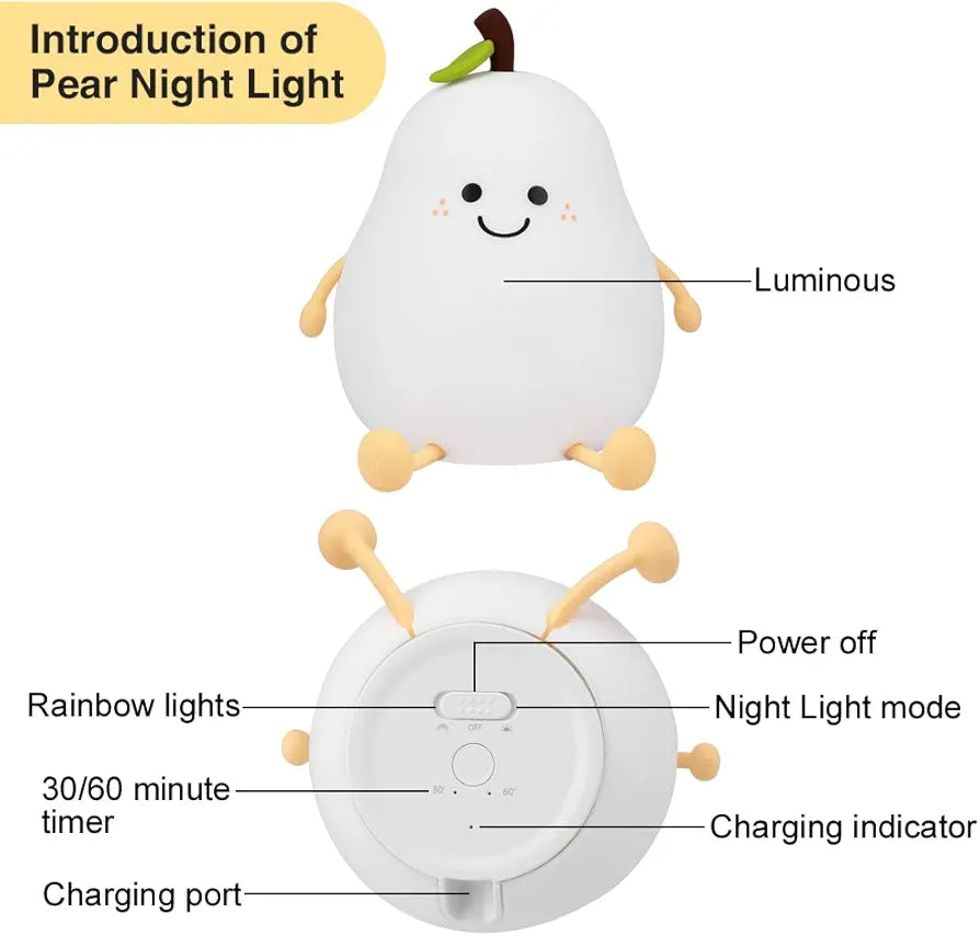 Cute Pear Night Light Silicone Rechargeable Colorful LED | 3+