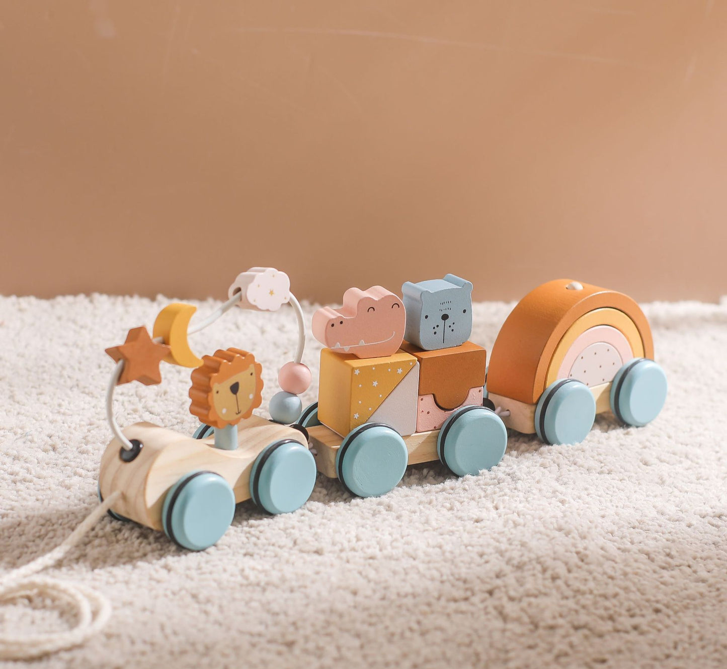 Montessori Wooden Pull Along Train Toy with Stacking Blocks