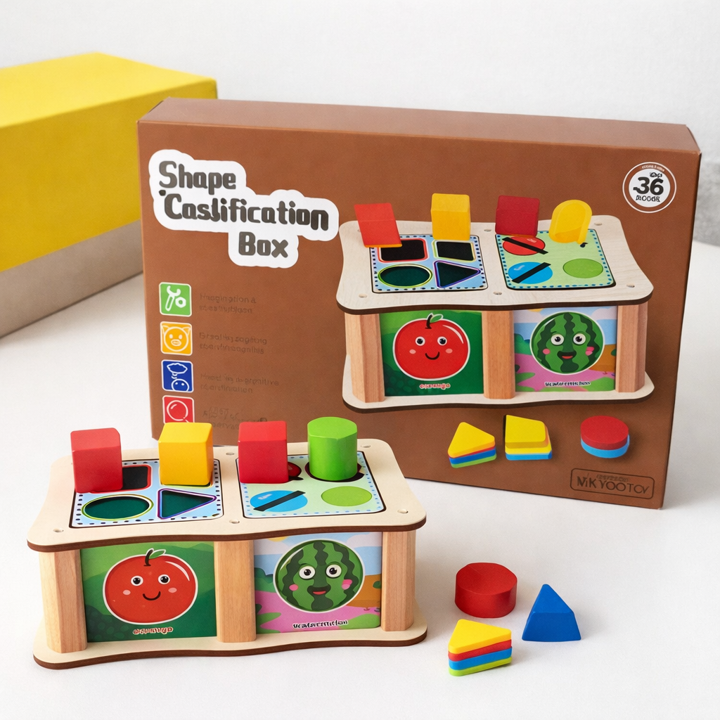Wooden Shape Box – Educational Sorting Toy with Size Guide | 2+