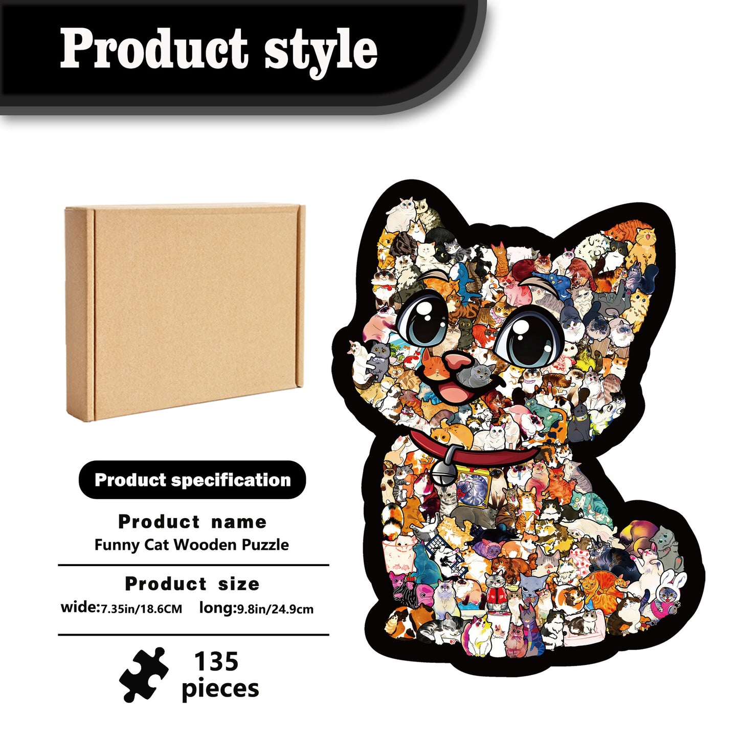 Funny Cat Wooden Puzzle – 135 Pieces | DIY Animal Jigsaw for Kids & Adults | 26002